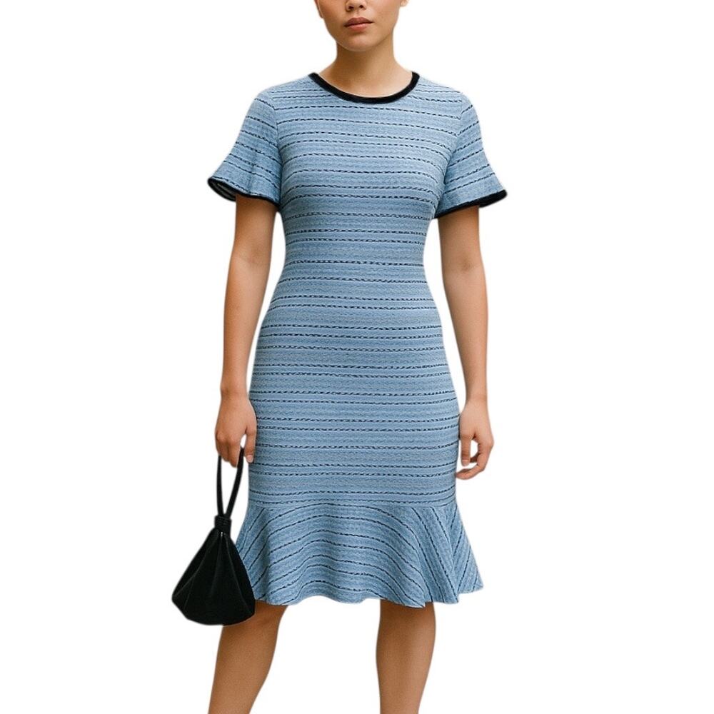 Shoshanna Size 4 Sophie Stripe Midi Dress Blue‎ Ruffle Hem Knit Statement Sleeve